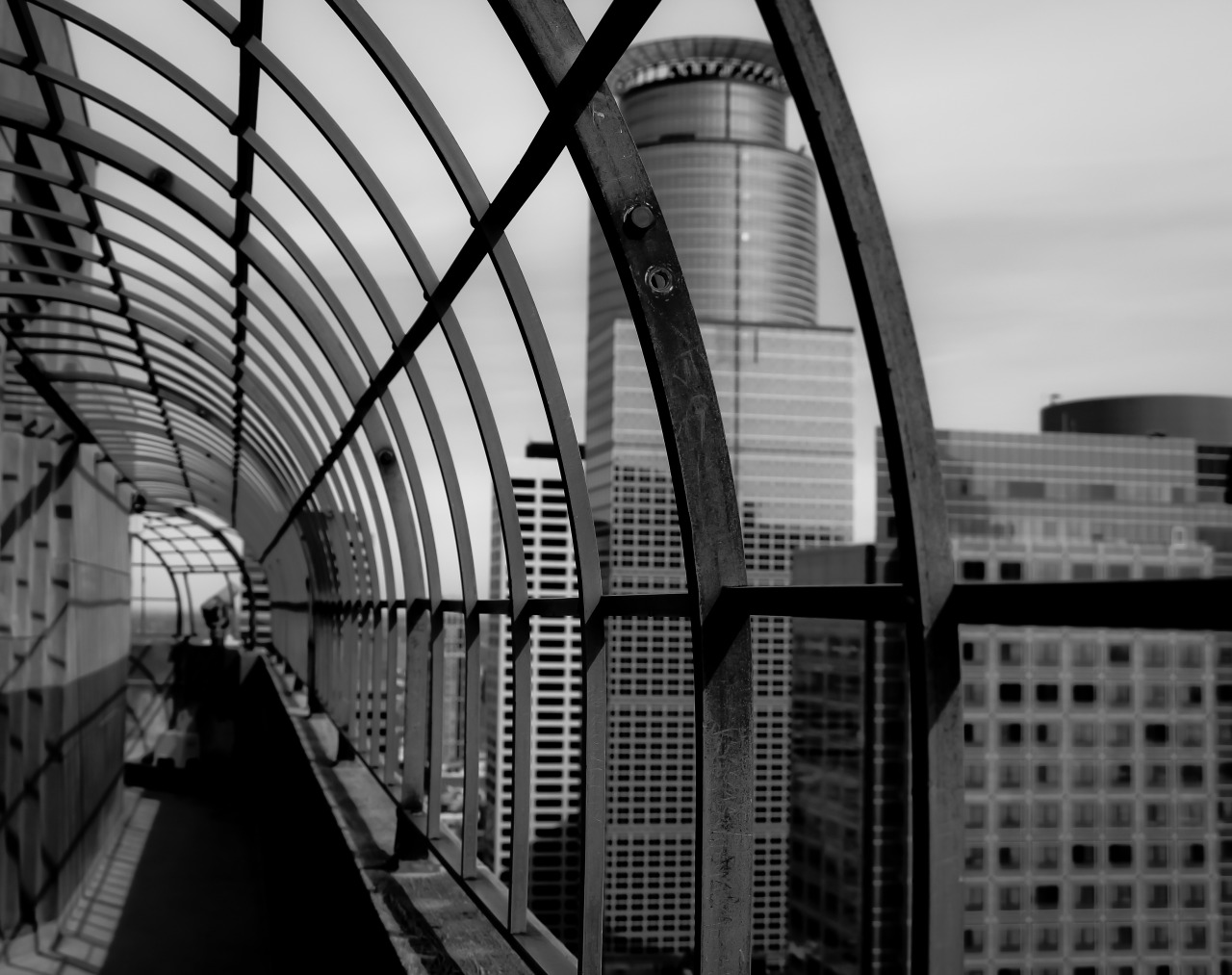 Looking at the city from the cage atop the Foshay Tower.