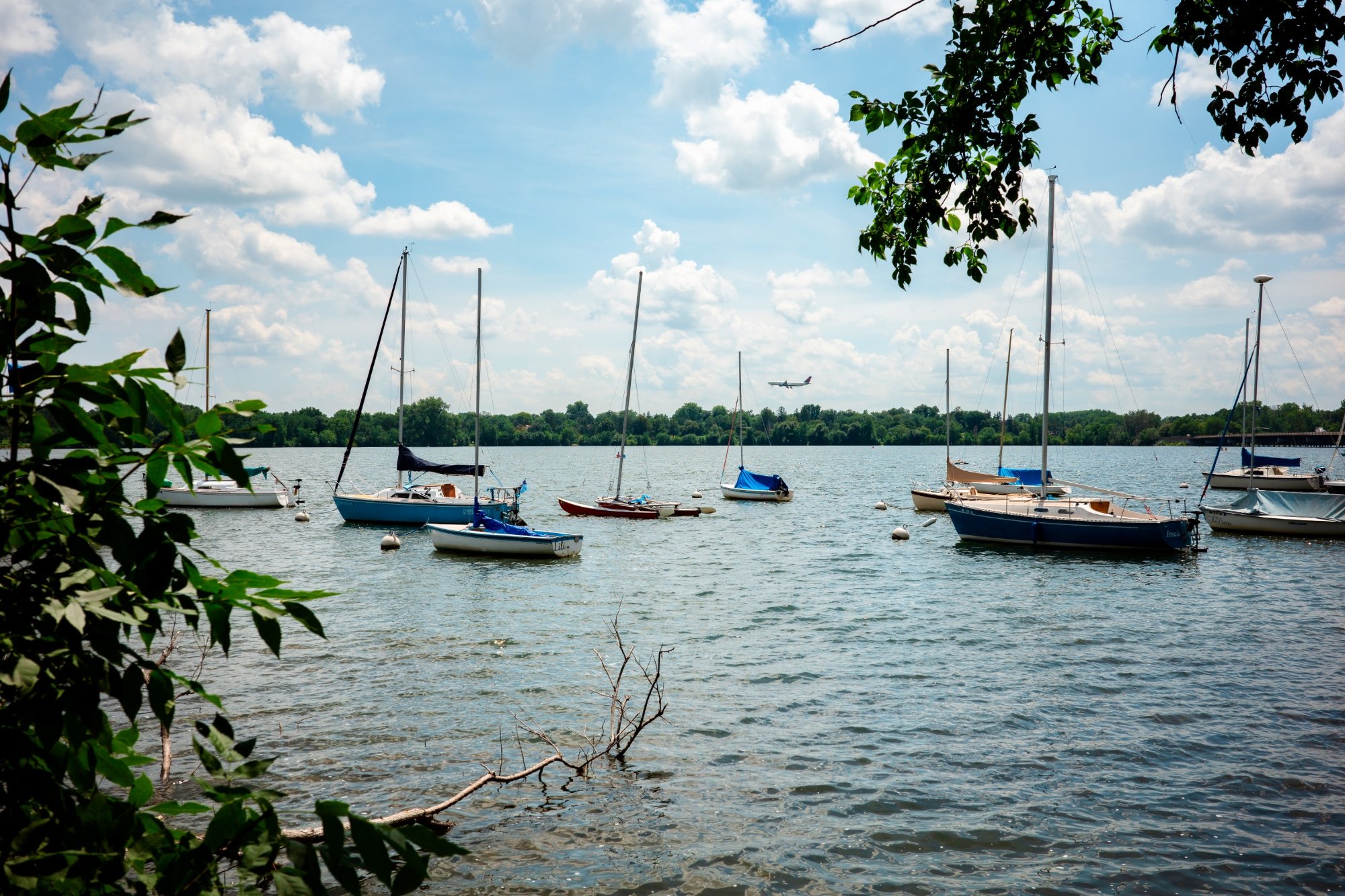 Plane landing over Lake Nokomis sailboats - Minneapolis, Minnesota