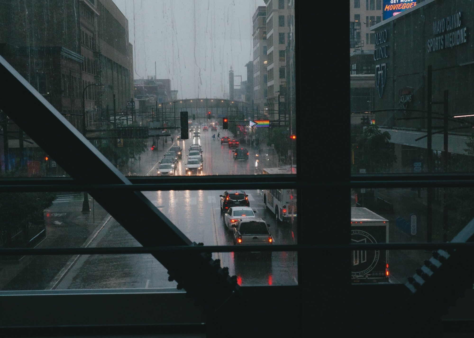 Downtown Minneapolis Rain at Rush Hour over Hennepin Avenue