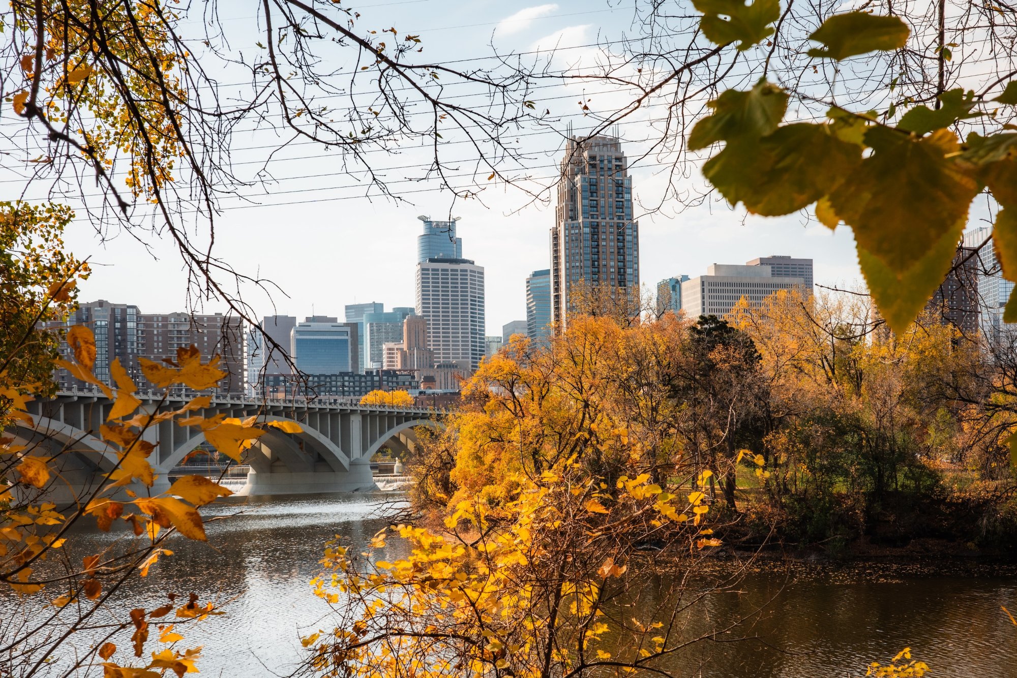 Downtown Minneapolis skyline in fall